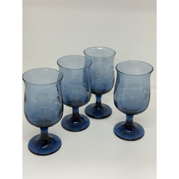 VTG Set 4 Pfaltzgraff Yorktowne Etched Cobalt Blue Stemmed Goblet Glasses 5.5" - Picture 6 of 6